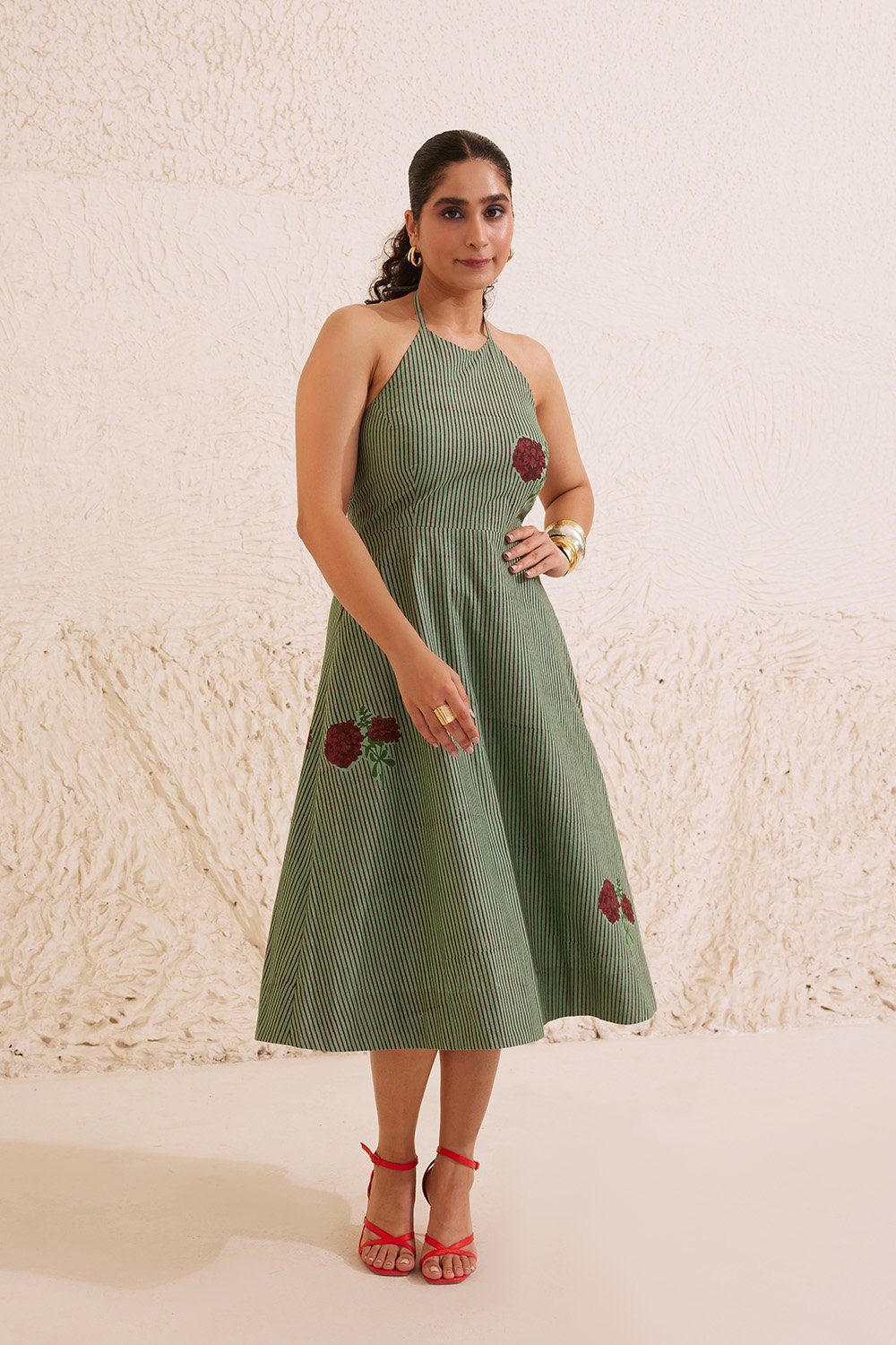 Teal Poplin Hand Block Floral Halter Neck Dress