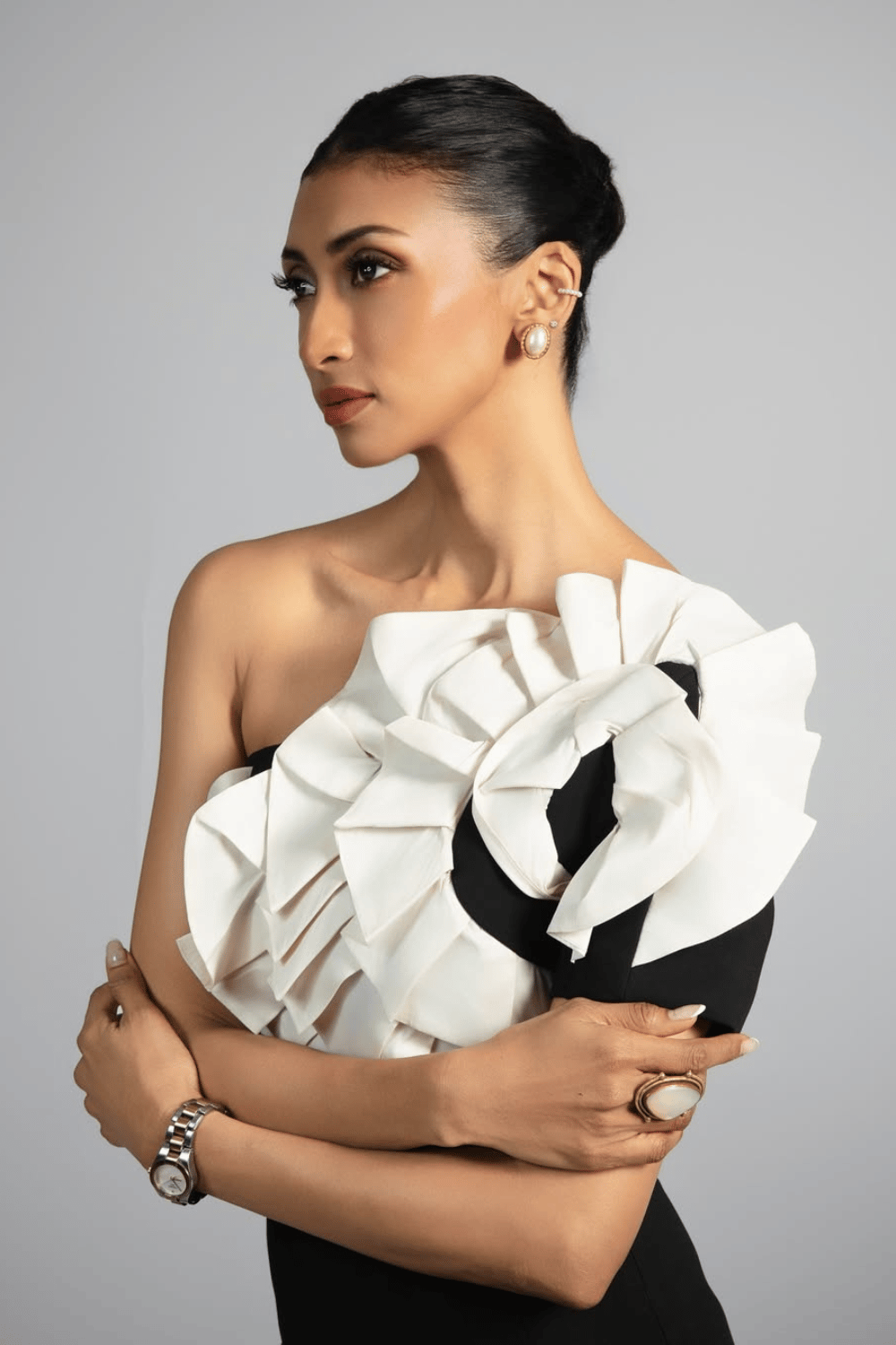 Compact Stretch Taffeta Ruffle One Shoulder Midi Dress