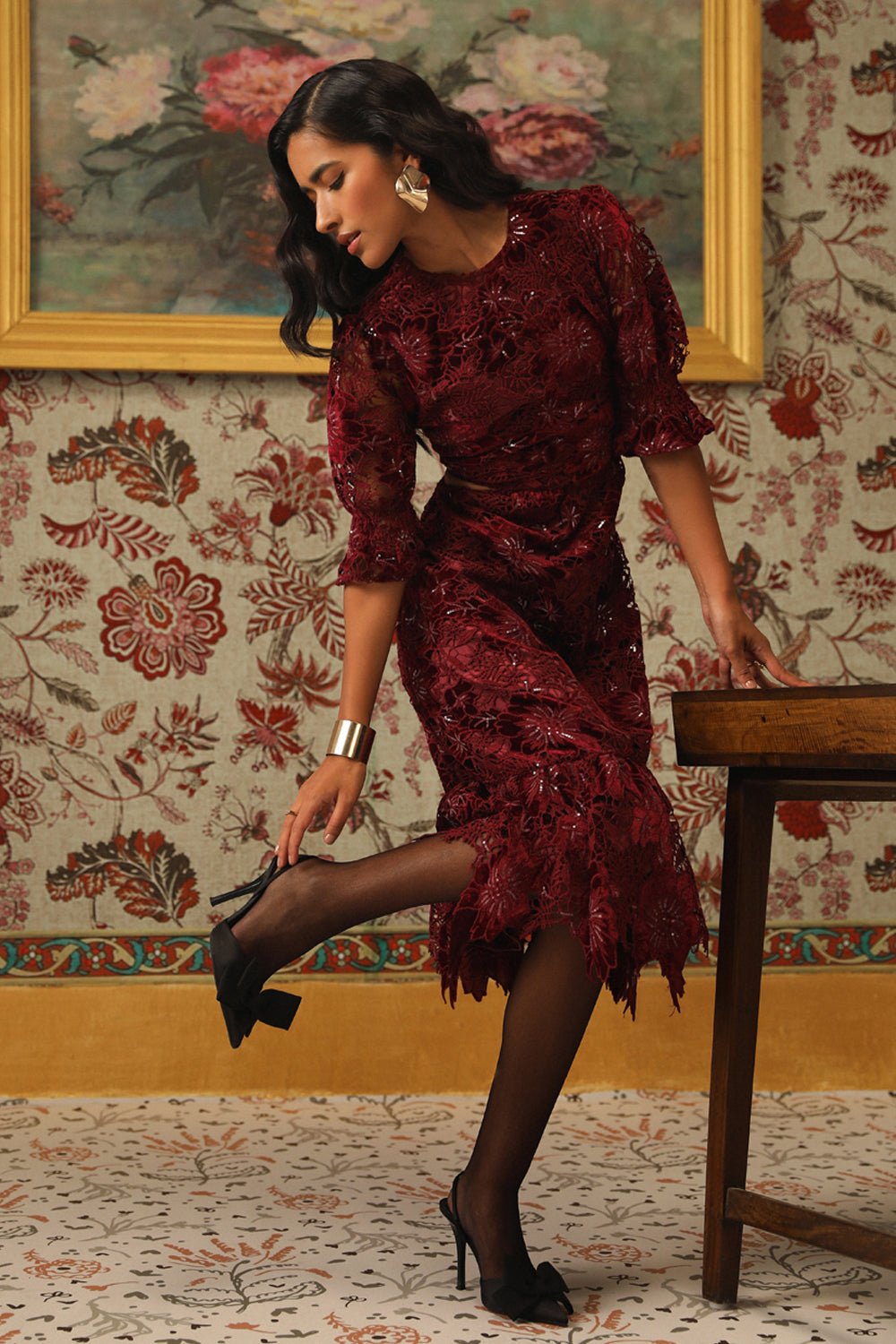 Glimmering Cutwork Applique Midi Dress