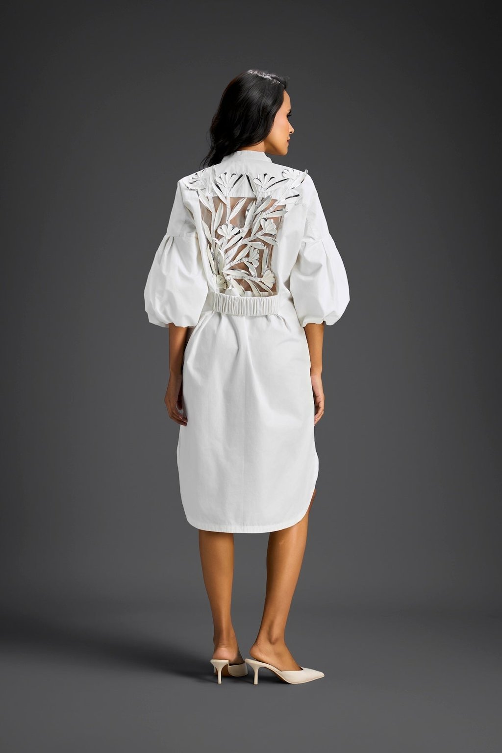 White Puffed Sleeve Shirt Dress with Sheer Back