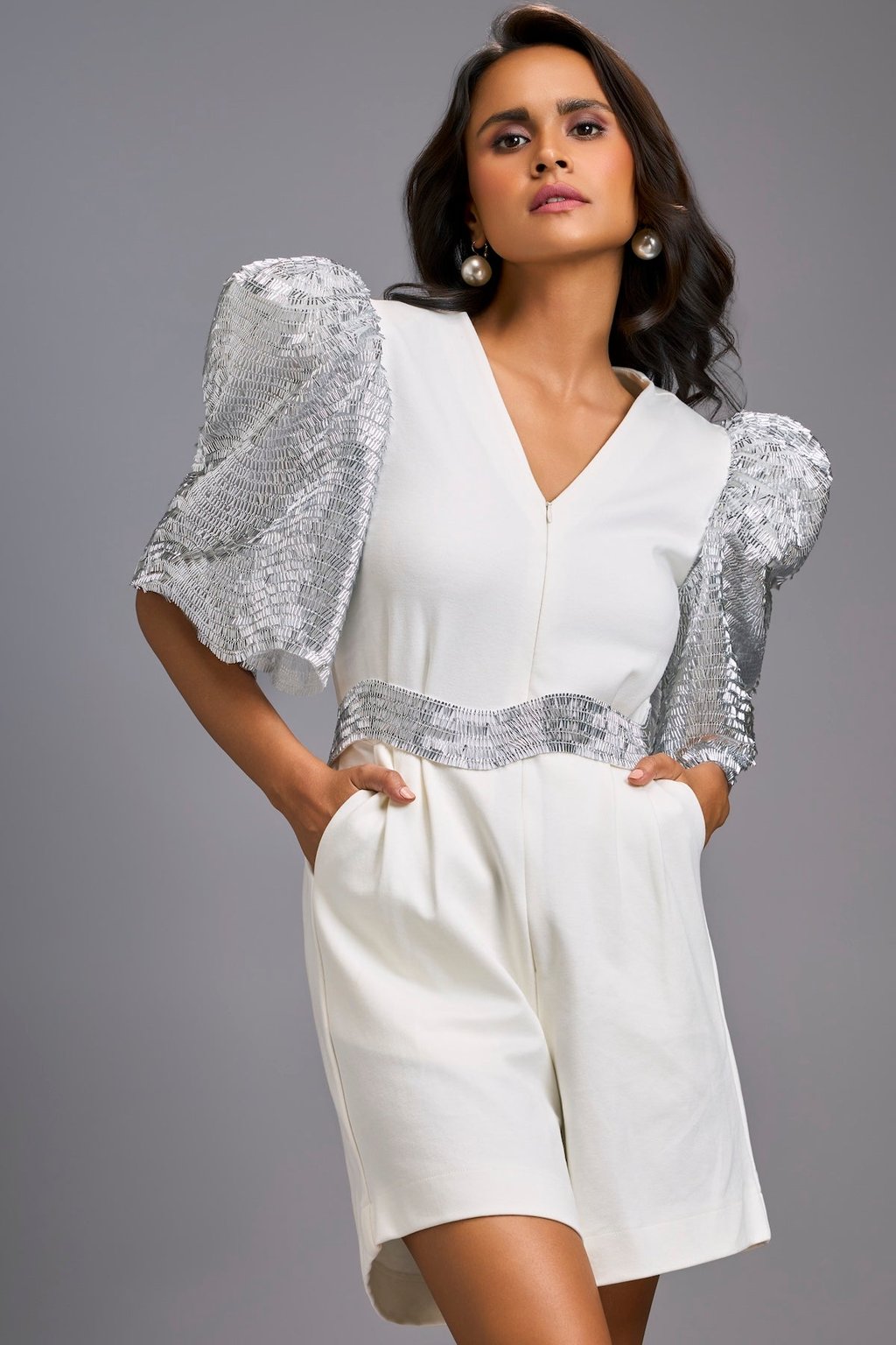 V-Neck Playsuit with Shimmer Belt