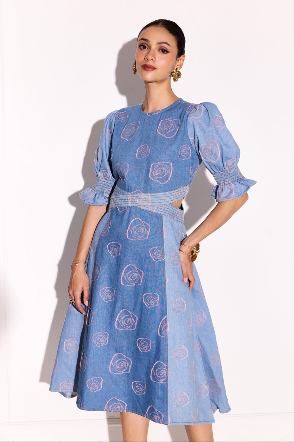 Applique Roseatte Denim Midi Dress