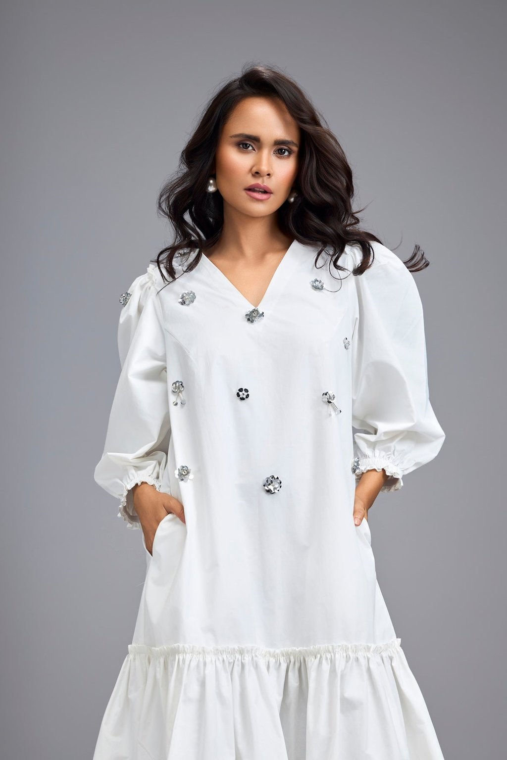 Long Gathered Hem Embellished Dress