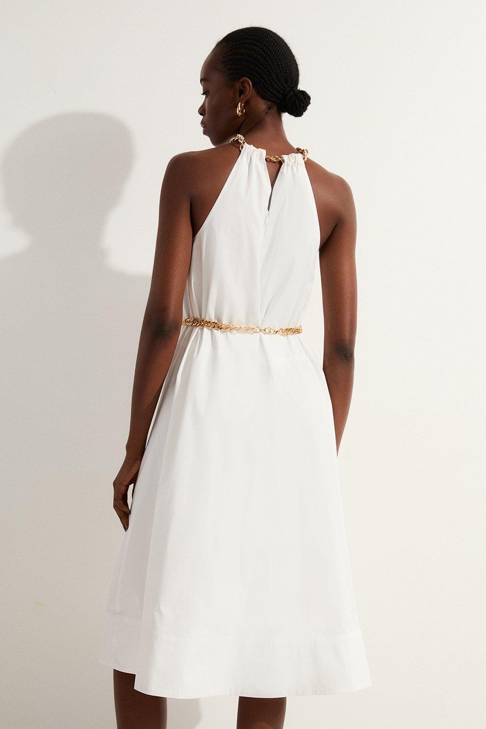 Cotton Poplin Chain Halter Woven Midi Dress