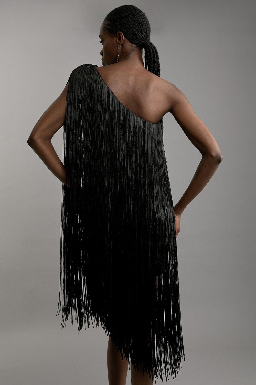 Figure Form Bandage One Shoulder Fringe Mini Knit Dress