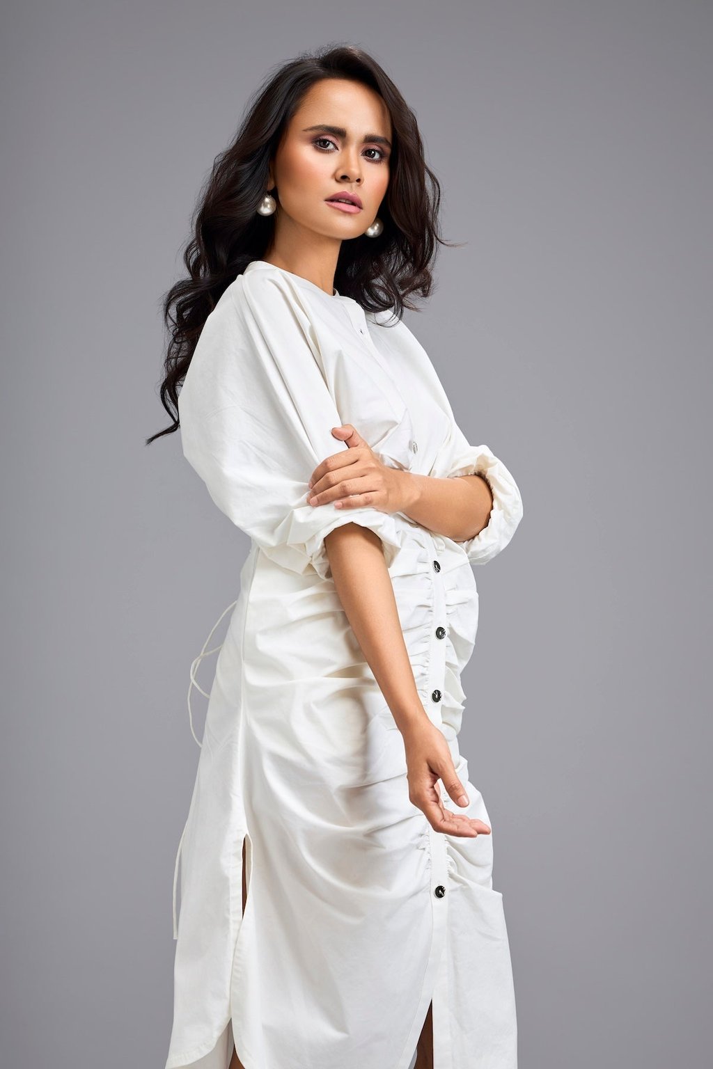 White Ruched Button-Down Shirt Dress