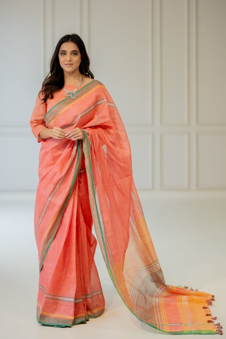 Tropical Apricot Linen Saree