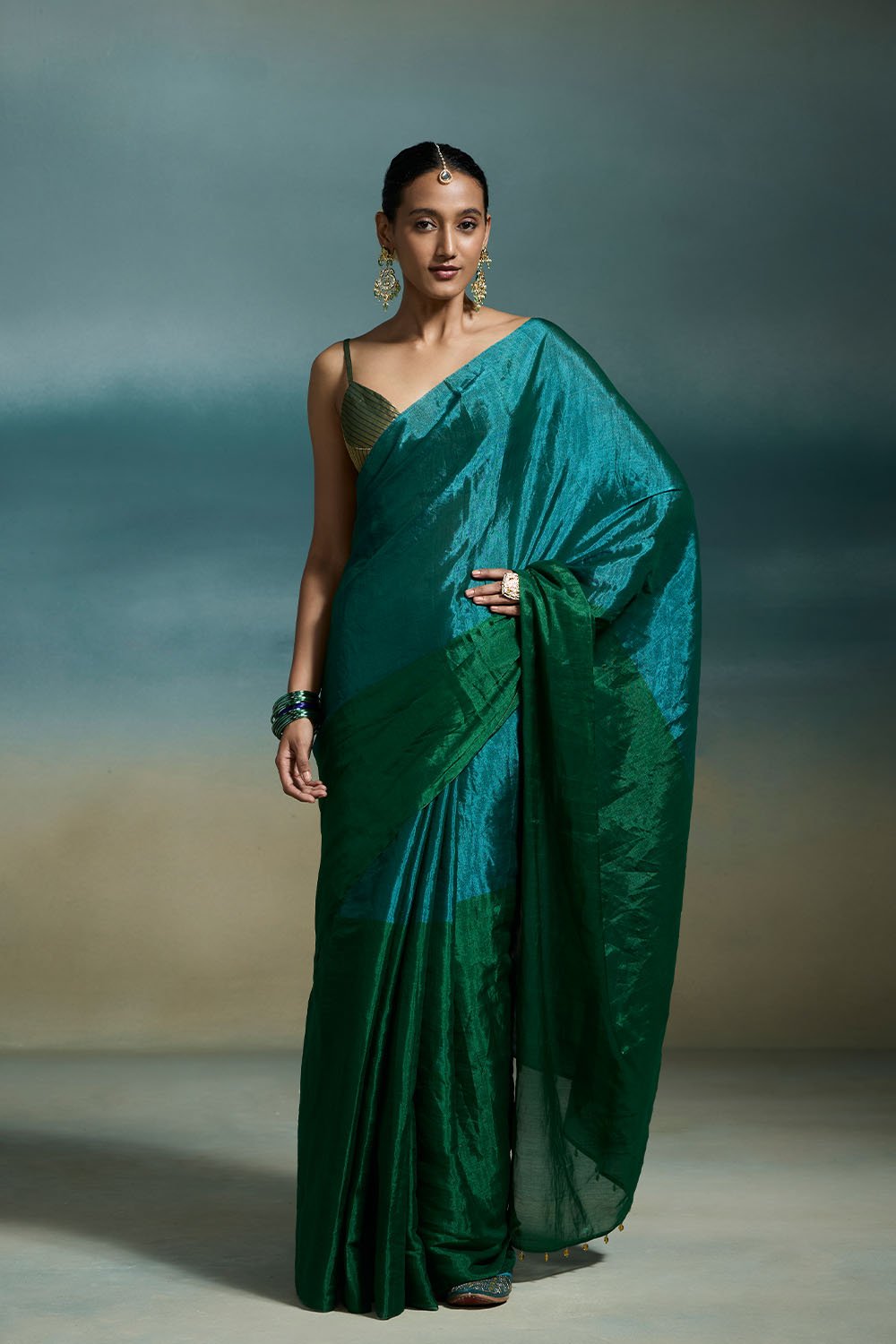 Oorja Handloom Tissue Green & Blue Sarees
