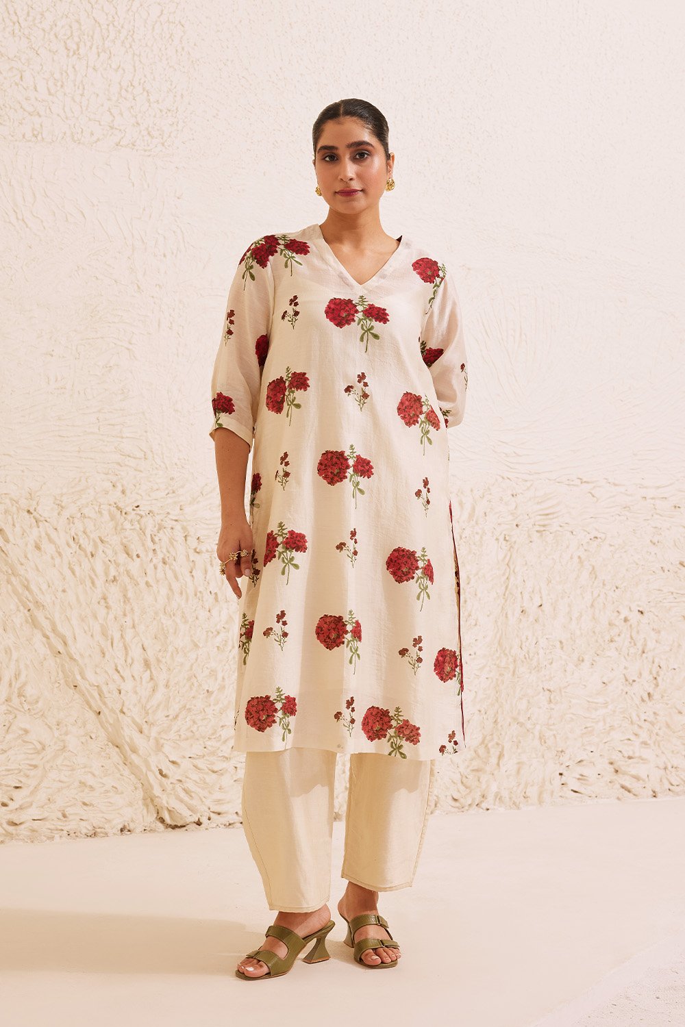 Ivory Chanderi  Hand Block Floral Print Kurta Set