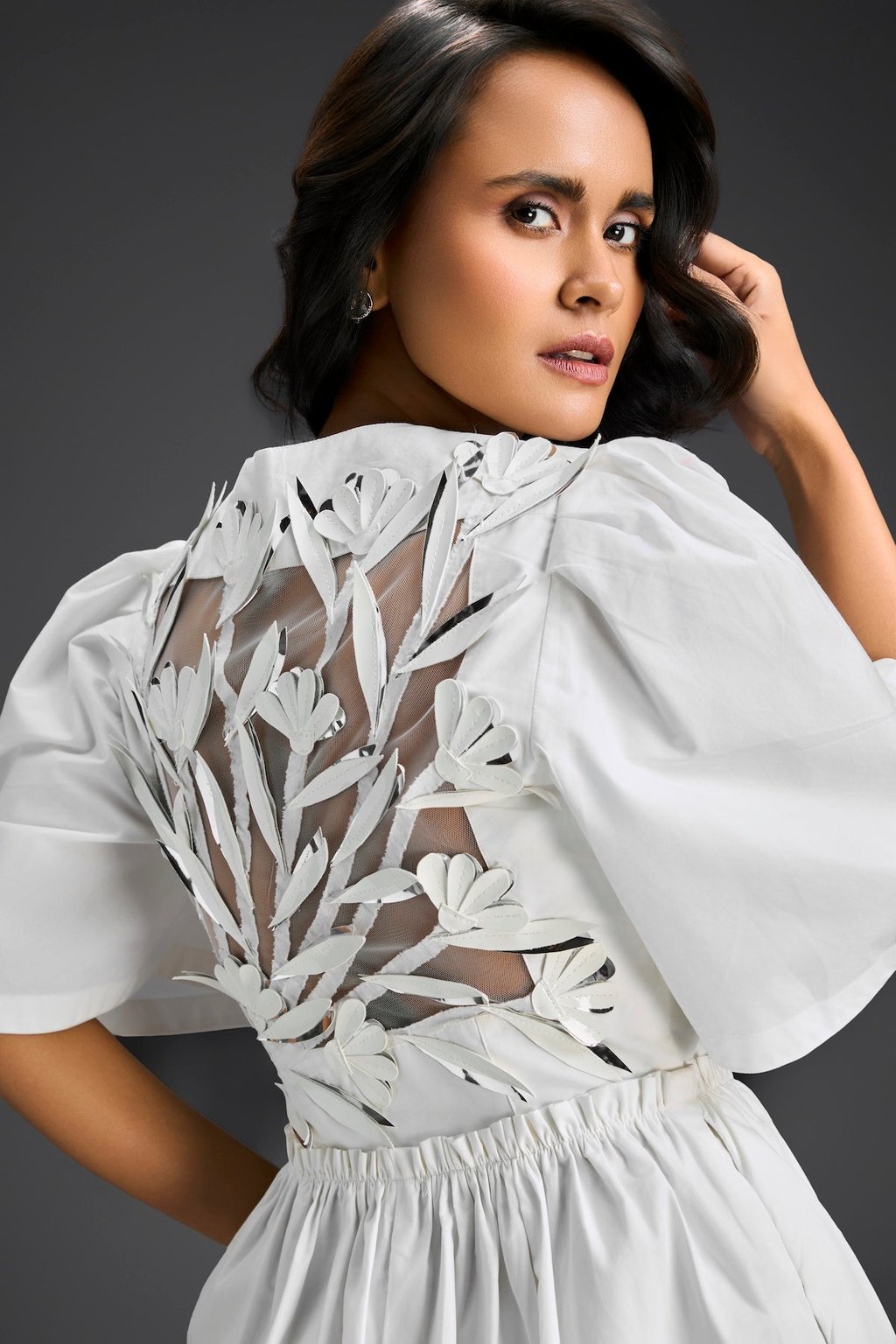 White 3d Floral Embellished Playsuit