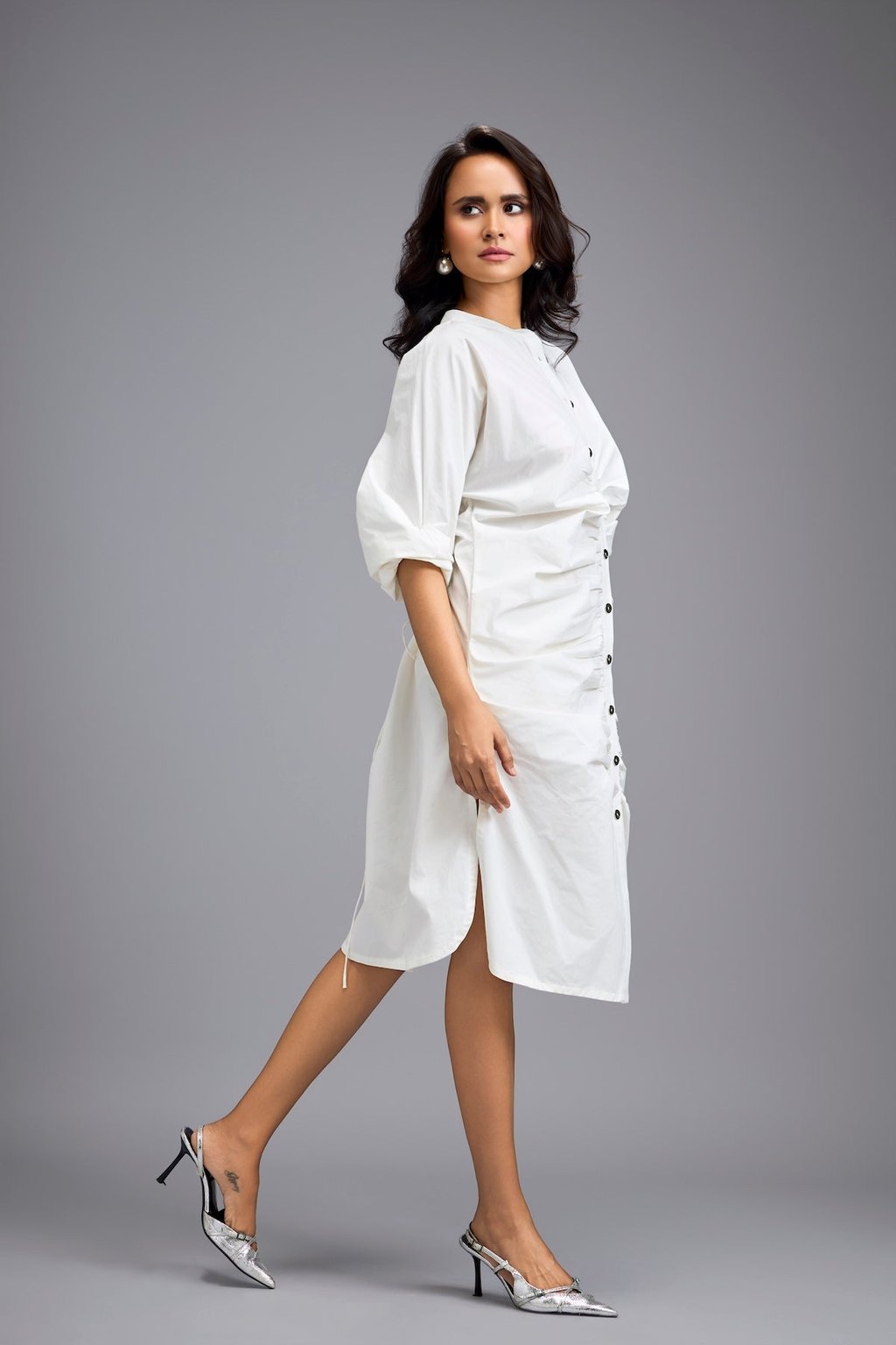 White Ruched Button-Down Shirt Dress