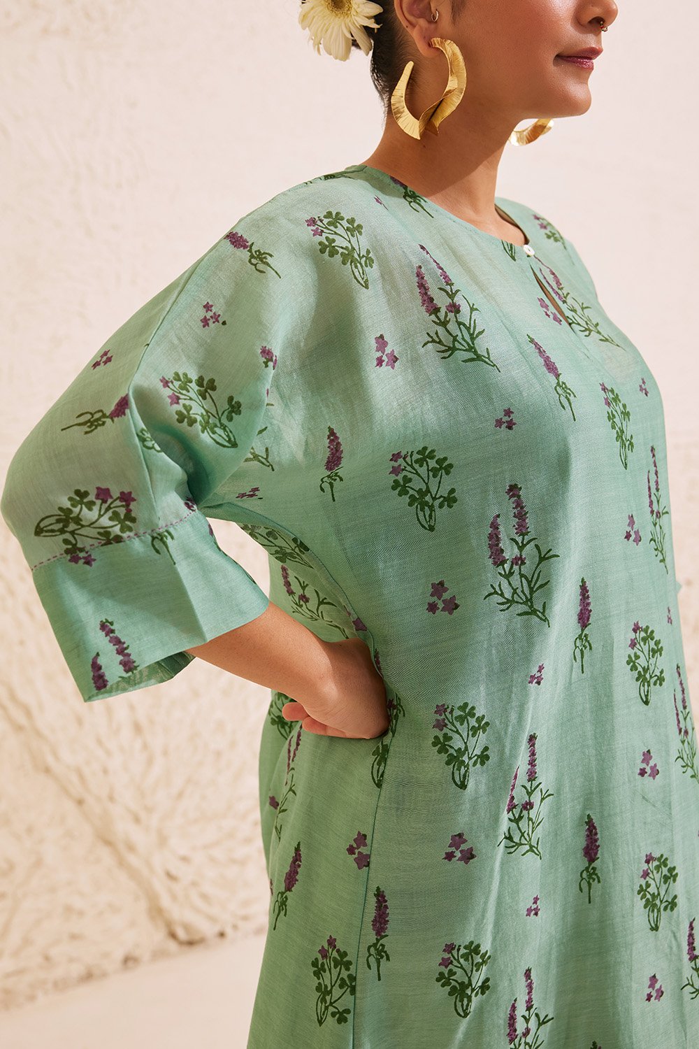 Teal Chanderi Hand Block Floral Kurta Set