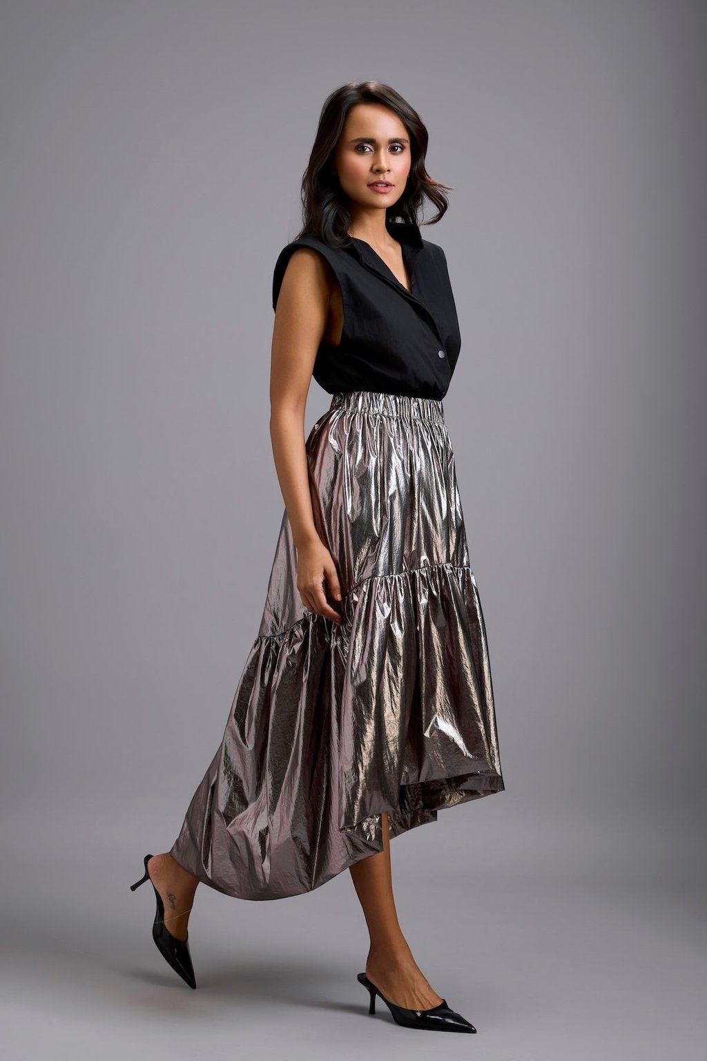 Metallic Gunmetal High-Low Skirt