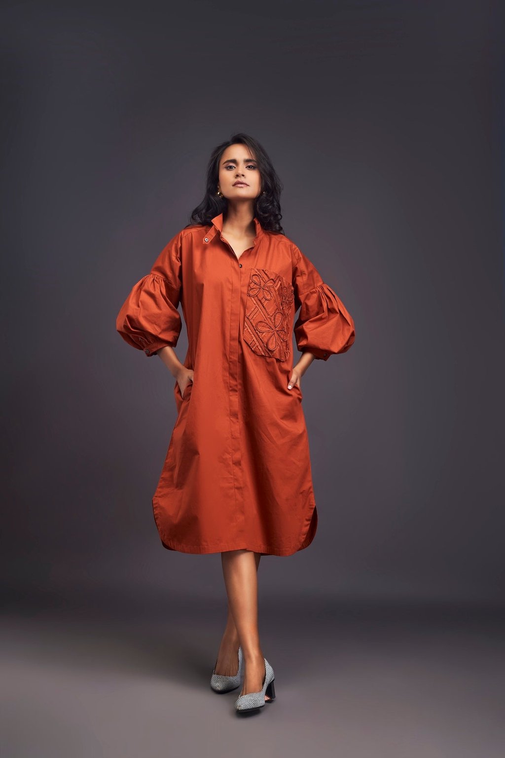 Oversized Shirt Dress with Embroidered Pocket