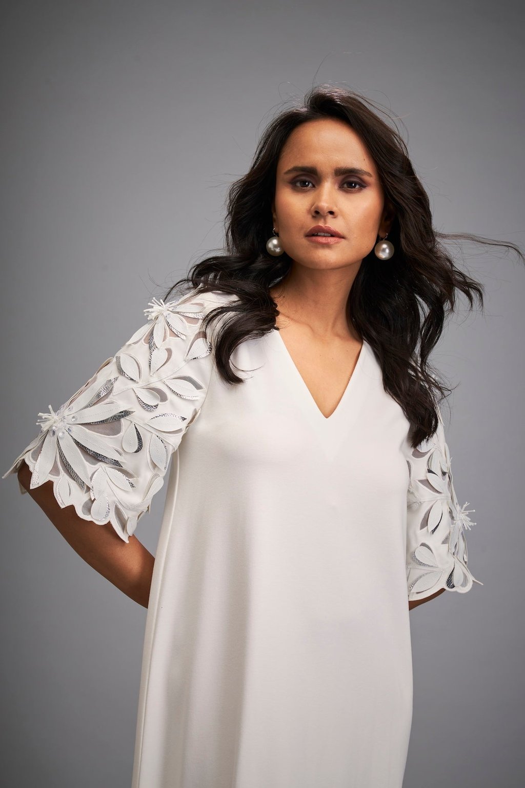 V-Neck Dress With Leaf-Patterned Sleeves