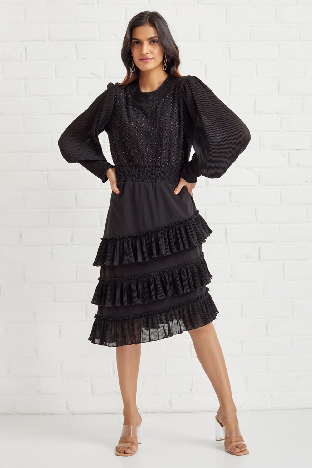 Hand Embellished Asymmetrical Pleated Ruffle Dress