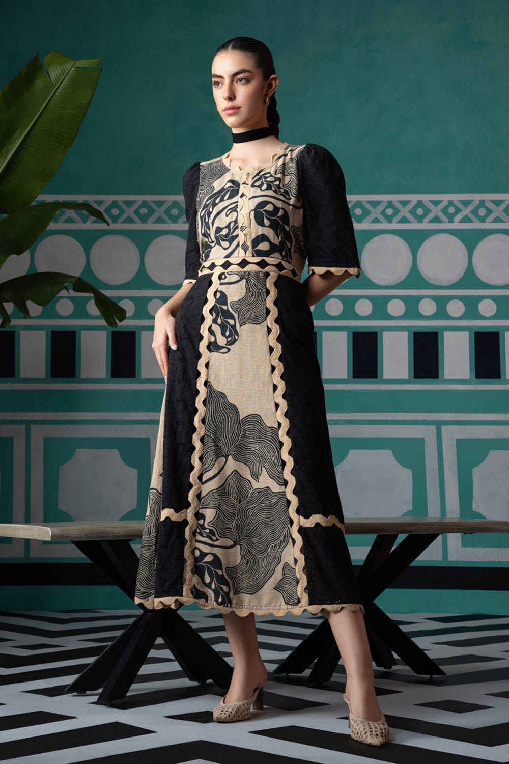 Print and Eyelet Lace Dress