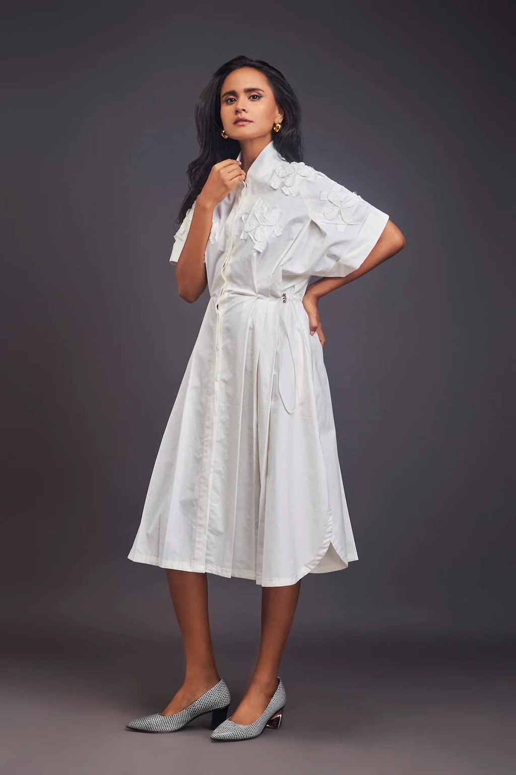 Pleated Oversized Shirt Dress with Patchwork White