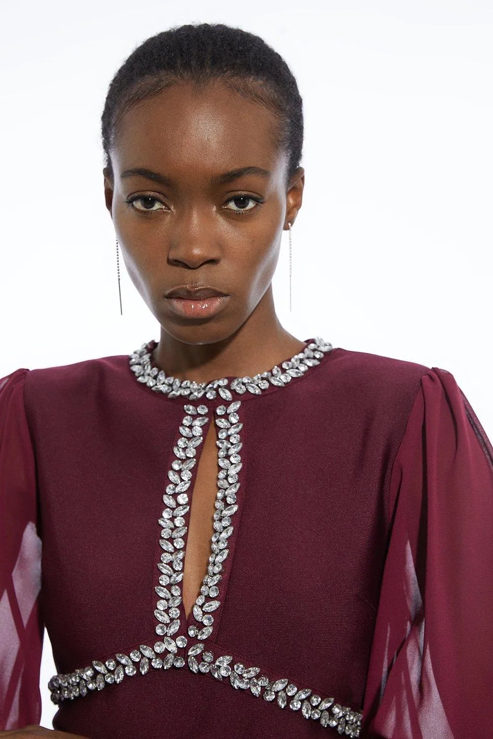 Bandage Embellished and Chiffon Sleeve Figure Form Knit Top