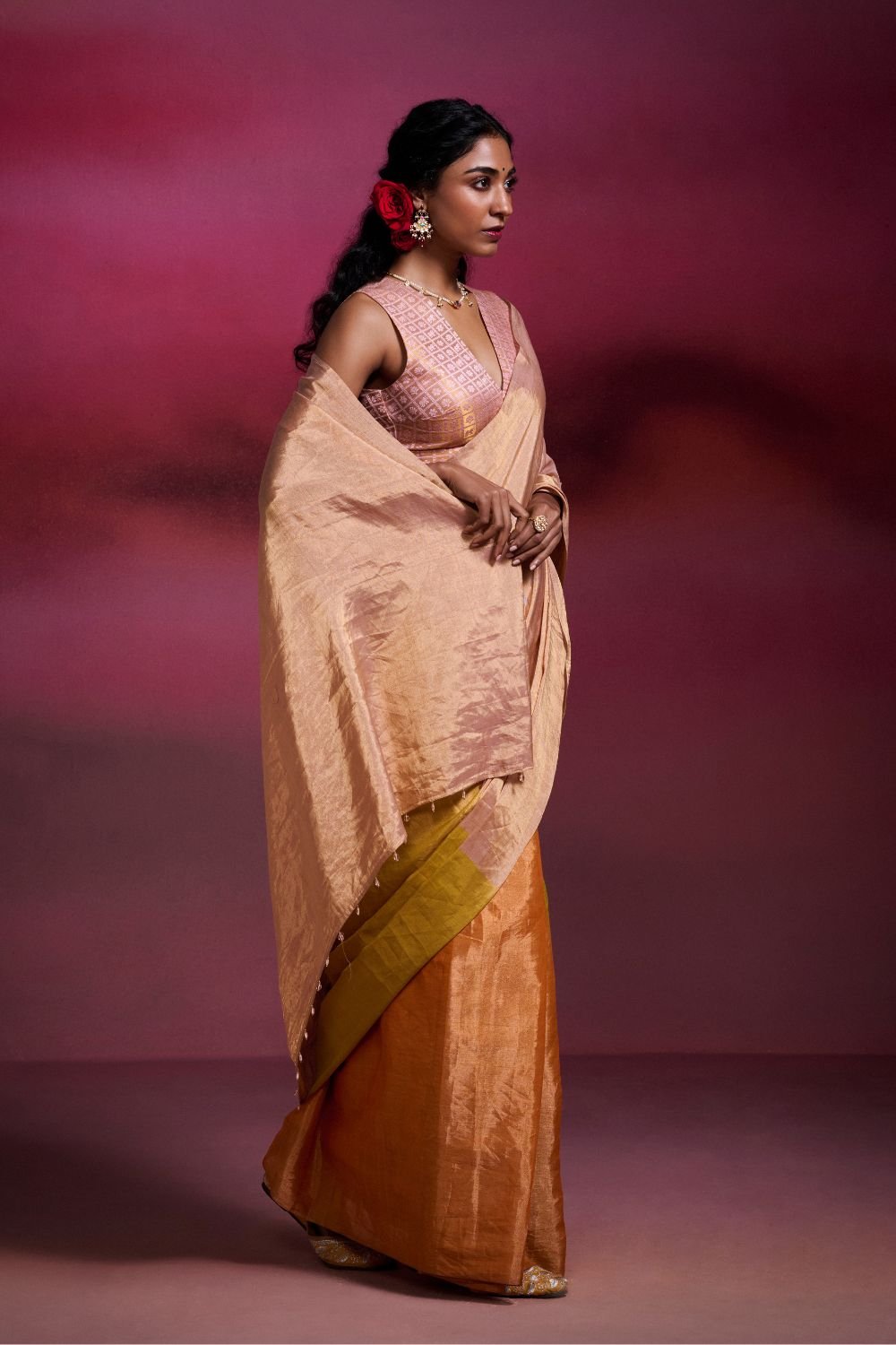 Metallic Peach & Bright Orange-Yellow Tissue Saree