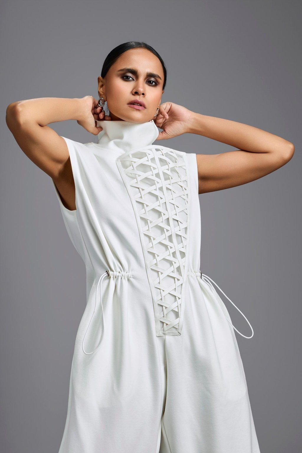 Jumpsuit with Woven Leather Panel