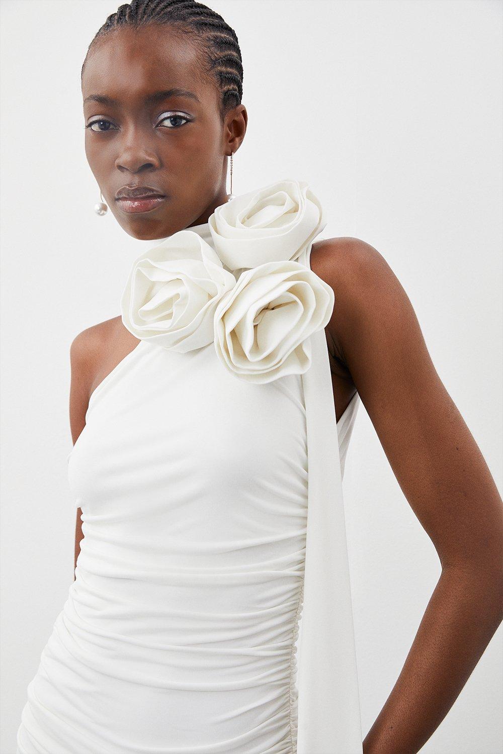Drapey Ruched Jersey Rosette Midi Dress