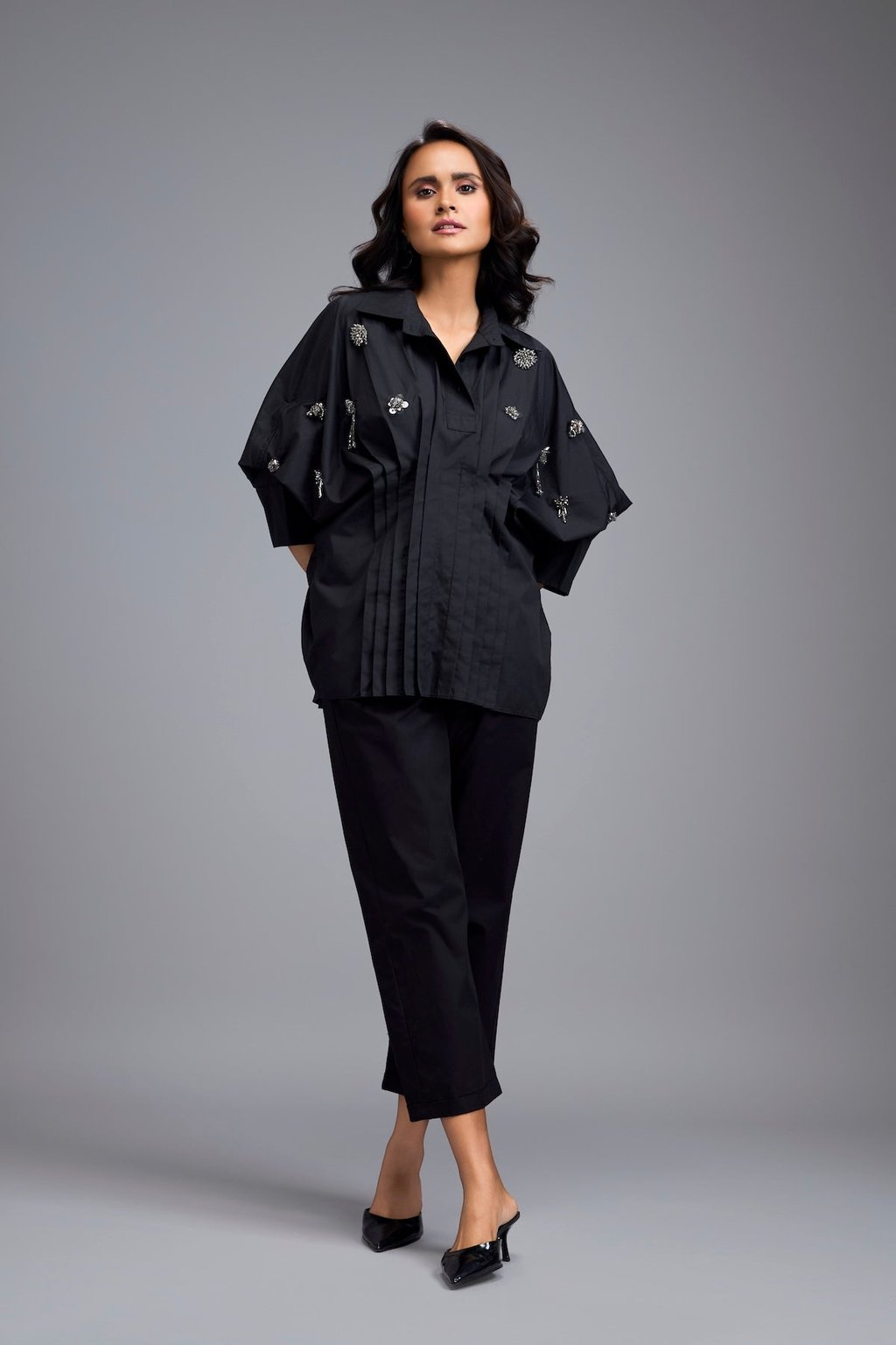 Black Embellished Button-Down Shirt with Pants