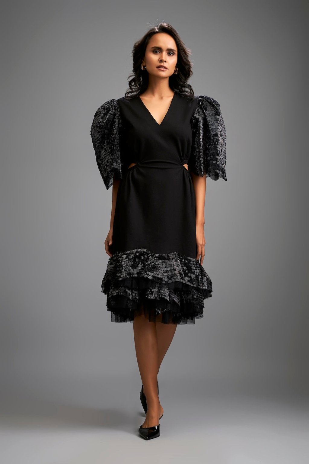 Black Midi Dress Shimmer Sleeves & Tiered Skirt