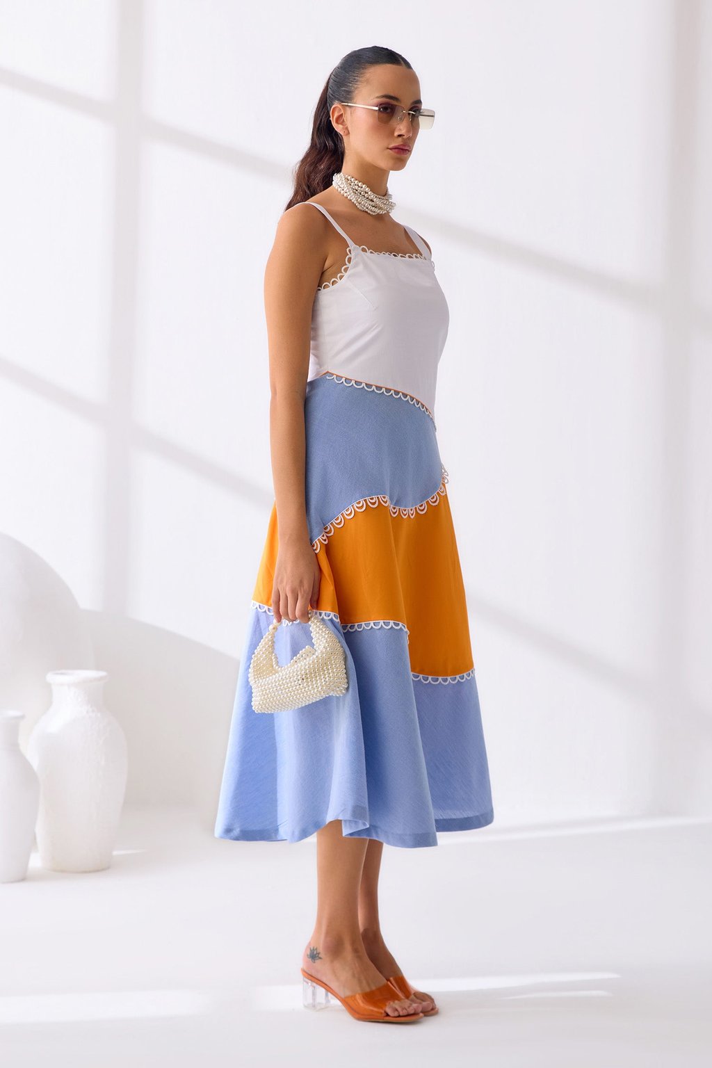 Ralph Midi Dress White, Orange & Blue