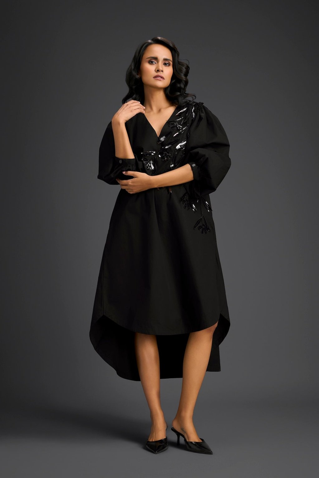 Black Embellished Puff Sleeve High-Low Dress