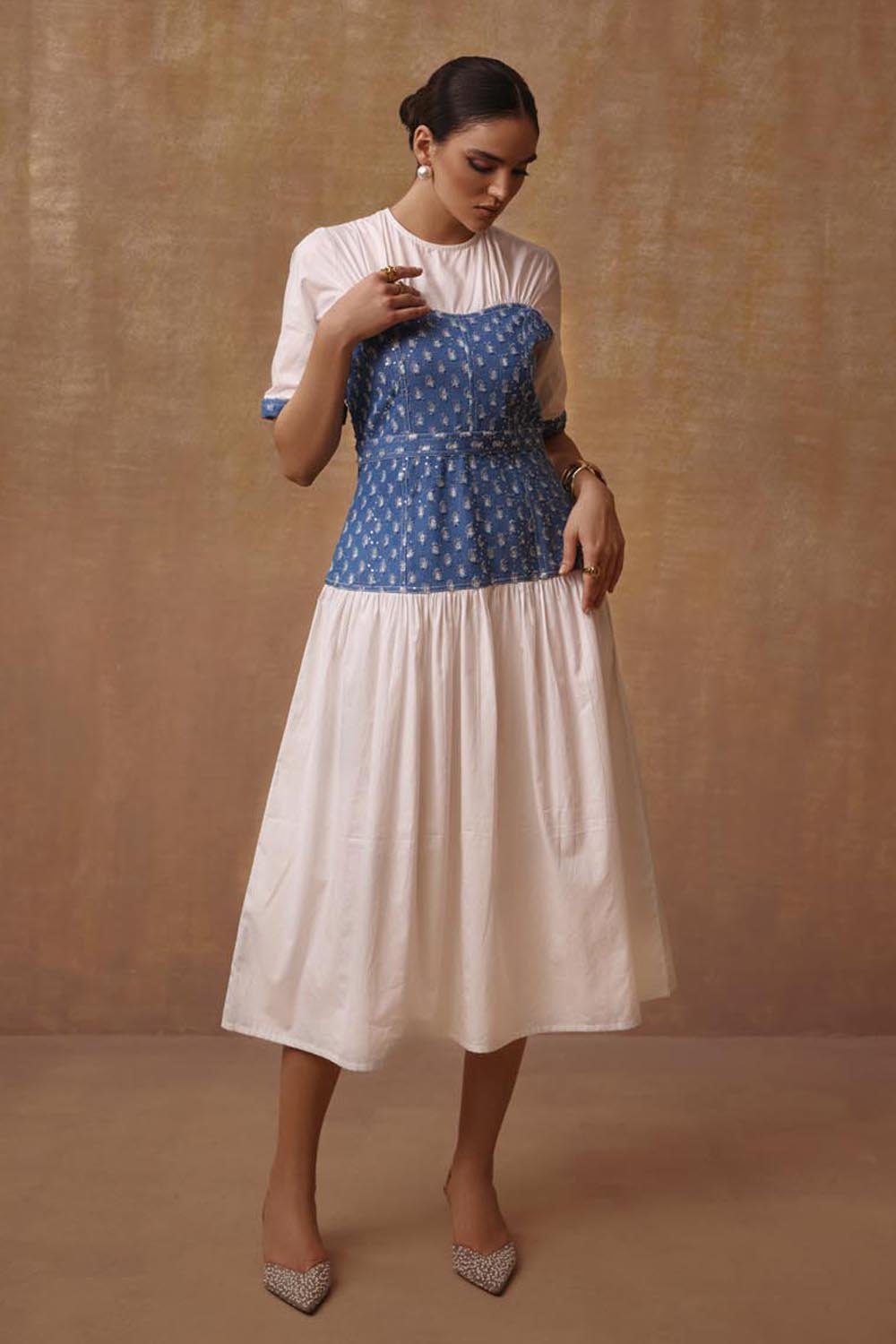 Mettalic Denim Midi Dress