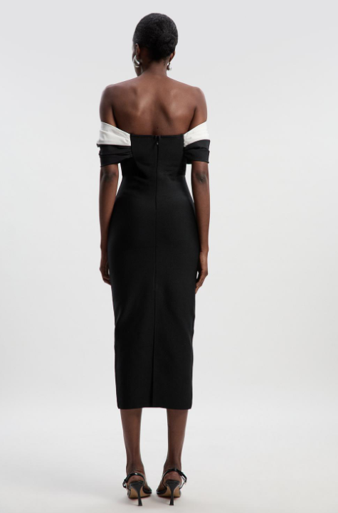 Taffeta Bardot Figure Form Maxi Dress