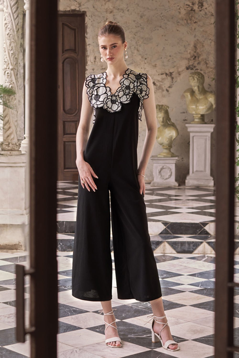 Monochrome Applique Flowers Jumpsuit