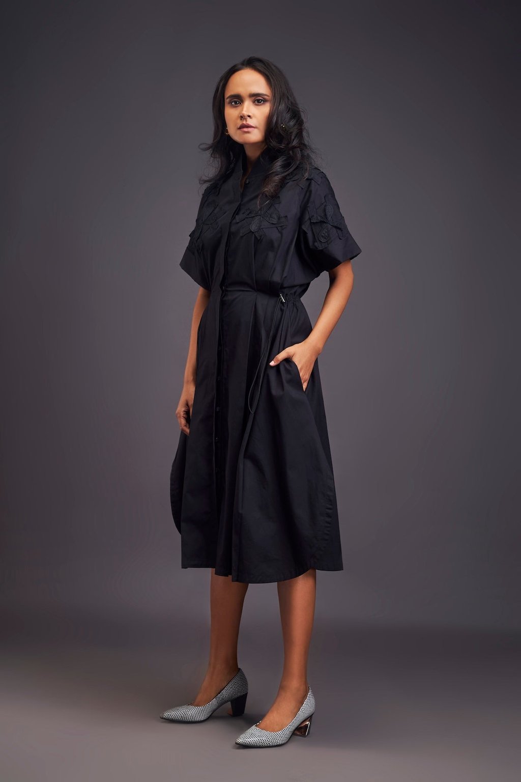 Pleated Oversized Shirt Dress with Patchwork Black