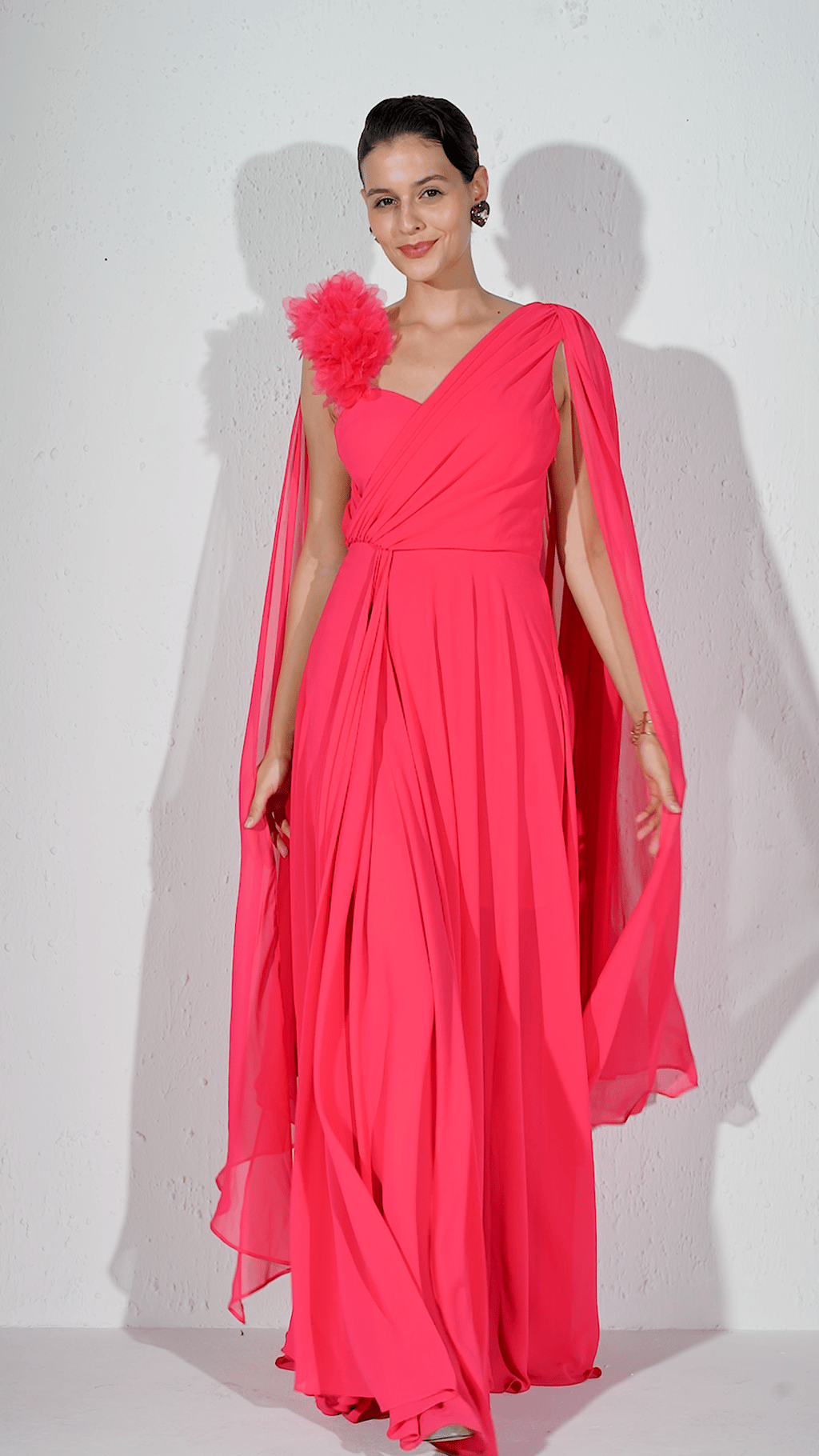 Georgette Pleated Bustier Cape Back Woven Maxi Dress