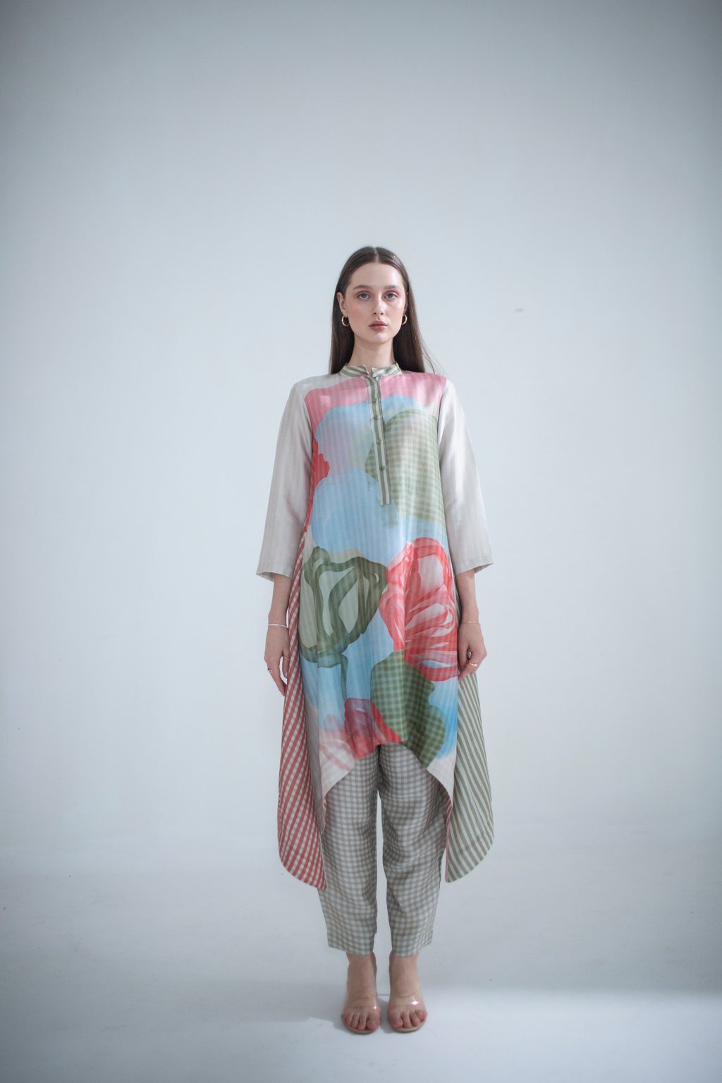 Grey & Red Long Kaftan Tail Set