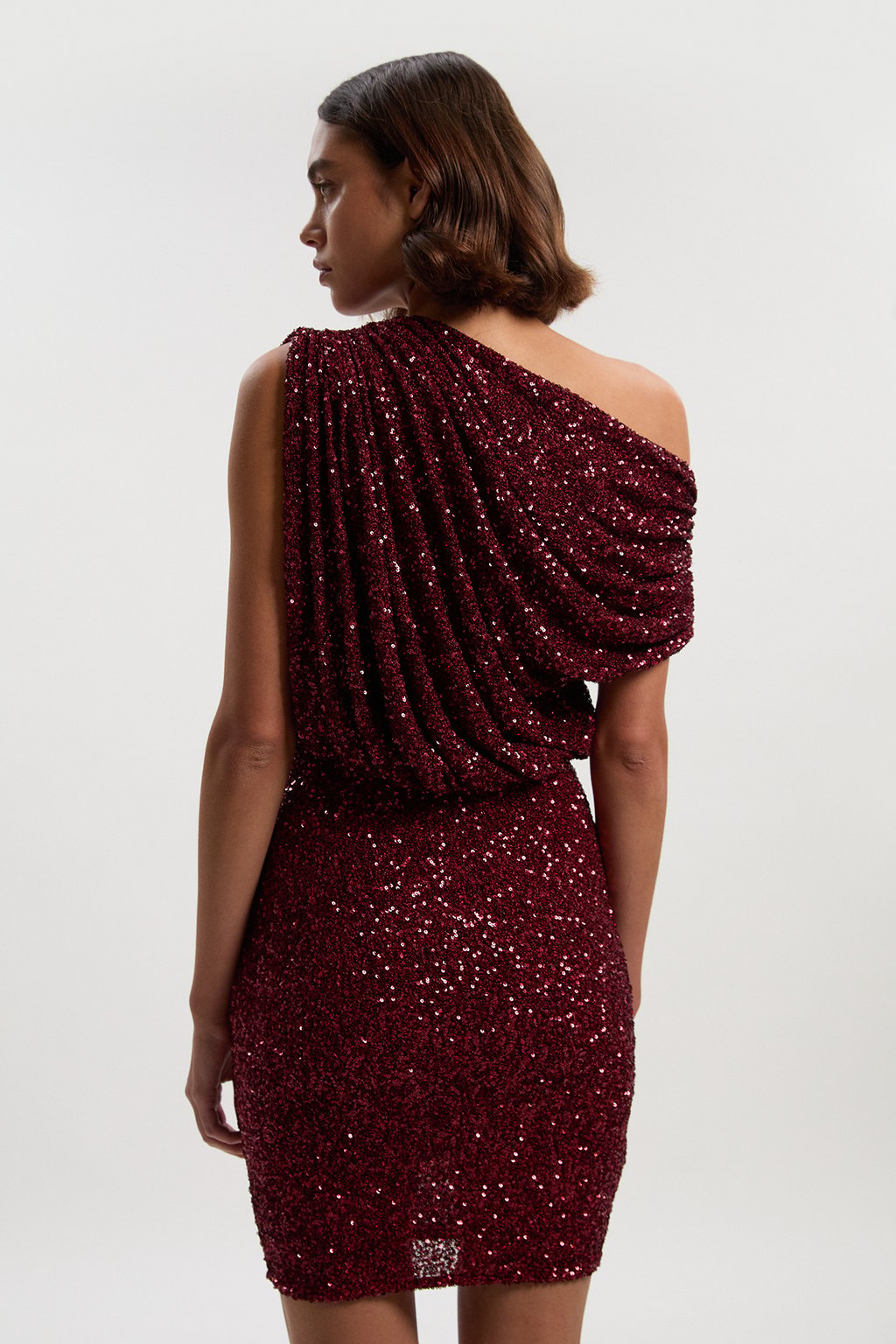 Draped One Shoulder Jersey Stretch Sequin Mini Dress