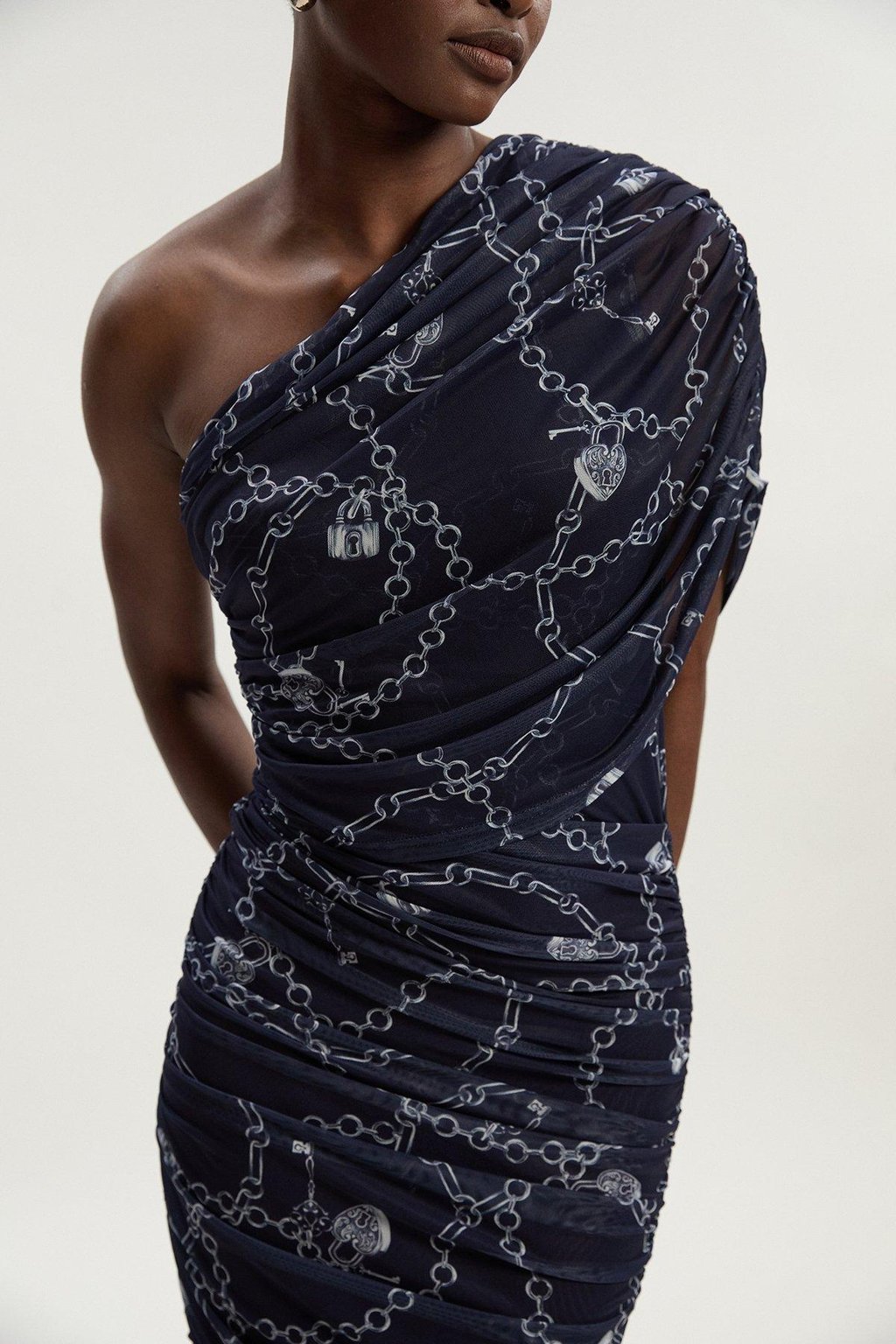 Chain Print Mesh One Shoulder Midi Dress