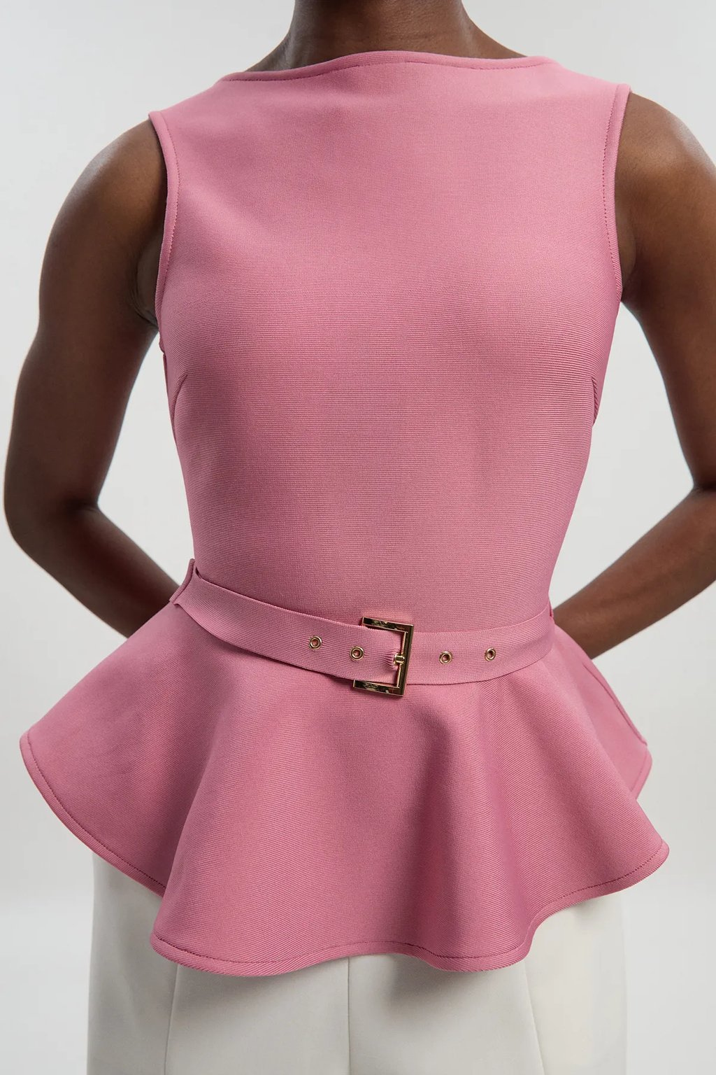 Figure Form Bandage Peplum Belted Knit Top