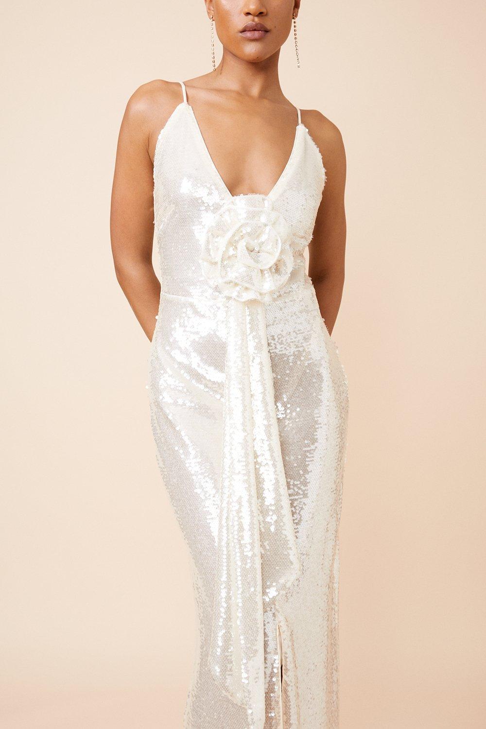 Sequin Rosette Plunge Woven Maxi Dress