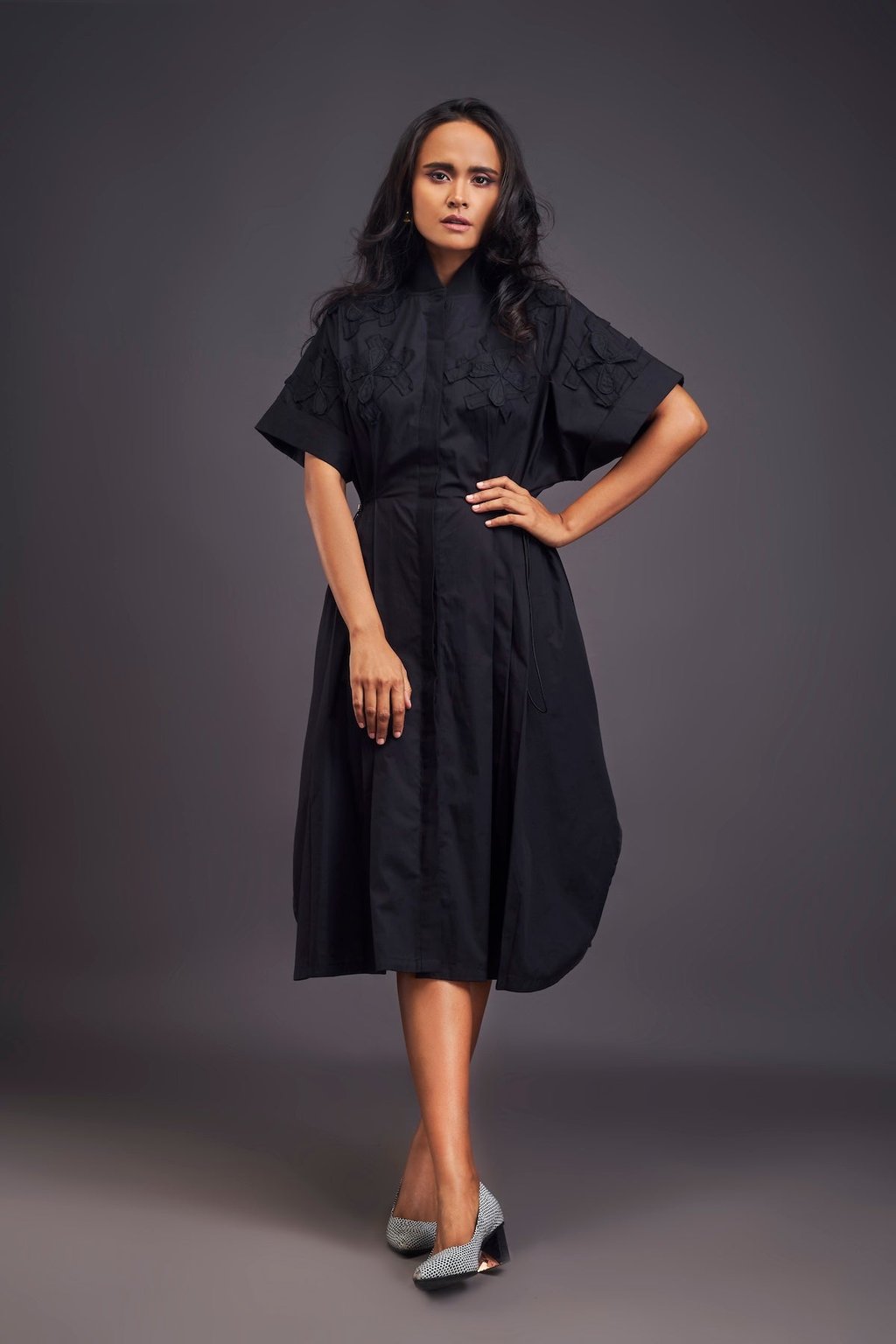 Pleated Oversized Shirt Dress with Patchwork Black