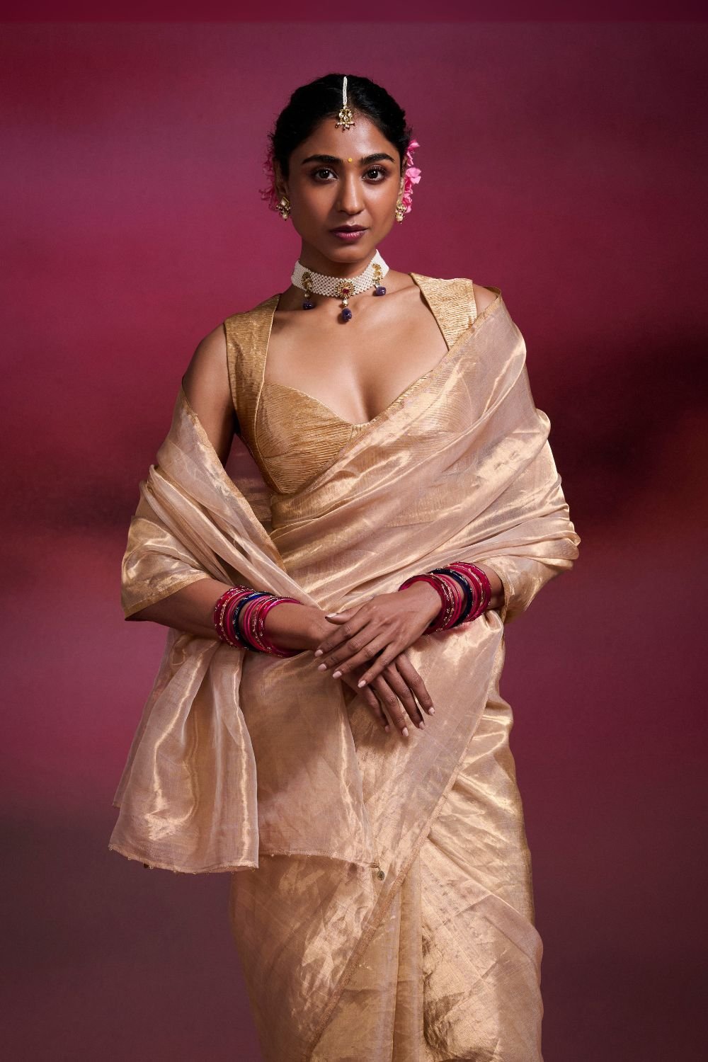 Handwoven Chanderi Tissue Saree in Light Gold