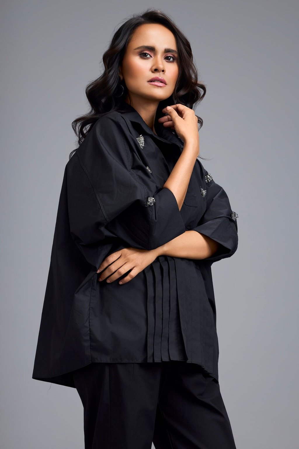Black Embellished Button-Down Shirt with Pants