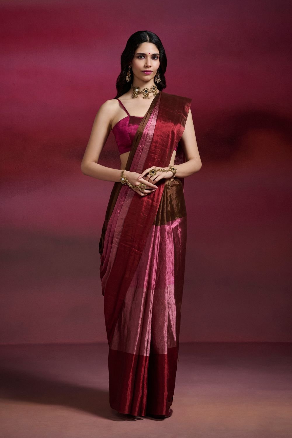 Multicolor Tissue Saree with Colorblock Design