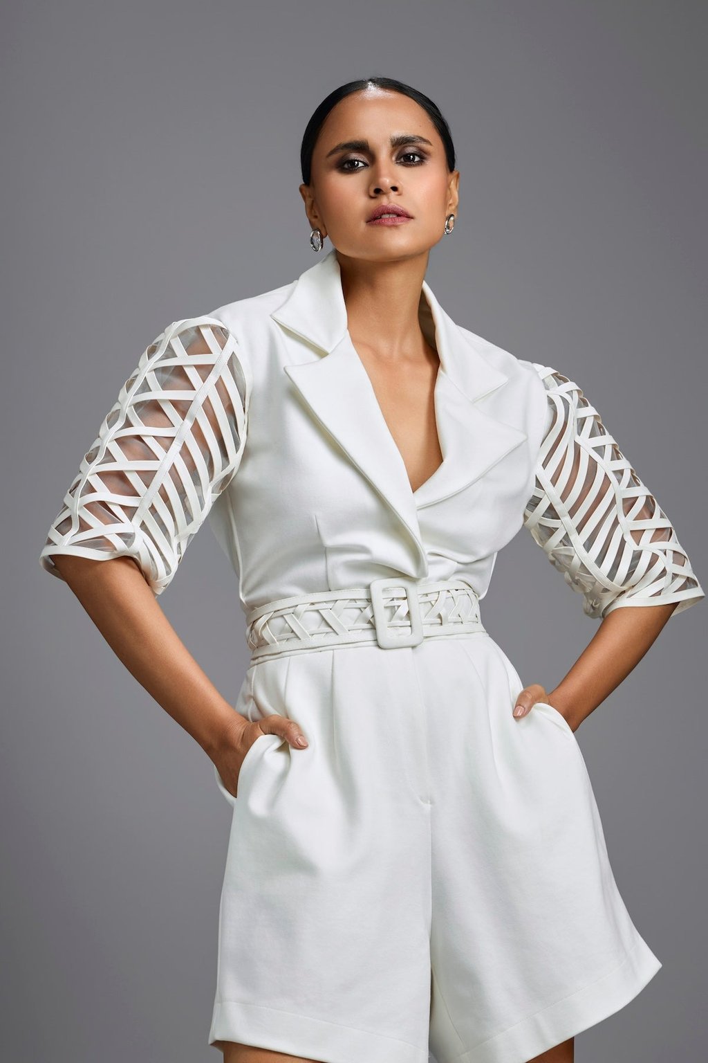 Playsuit with Woven Belt & Mesh Sleeves