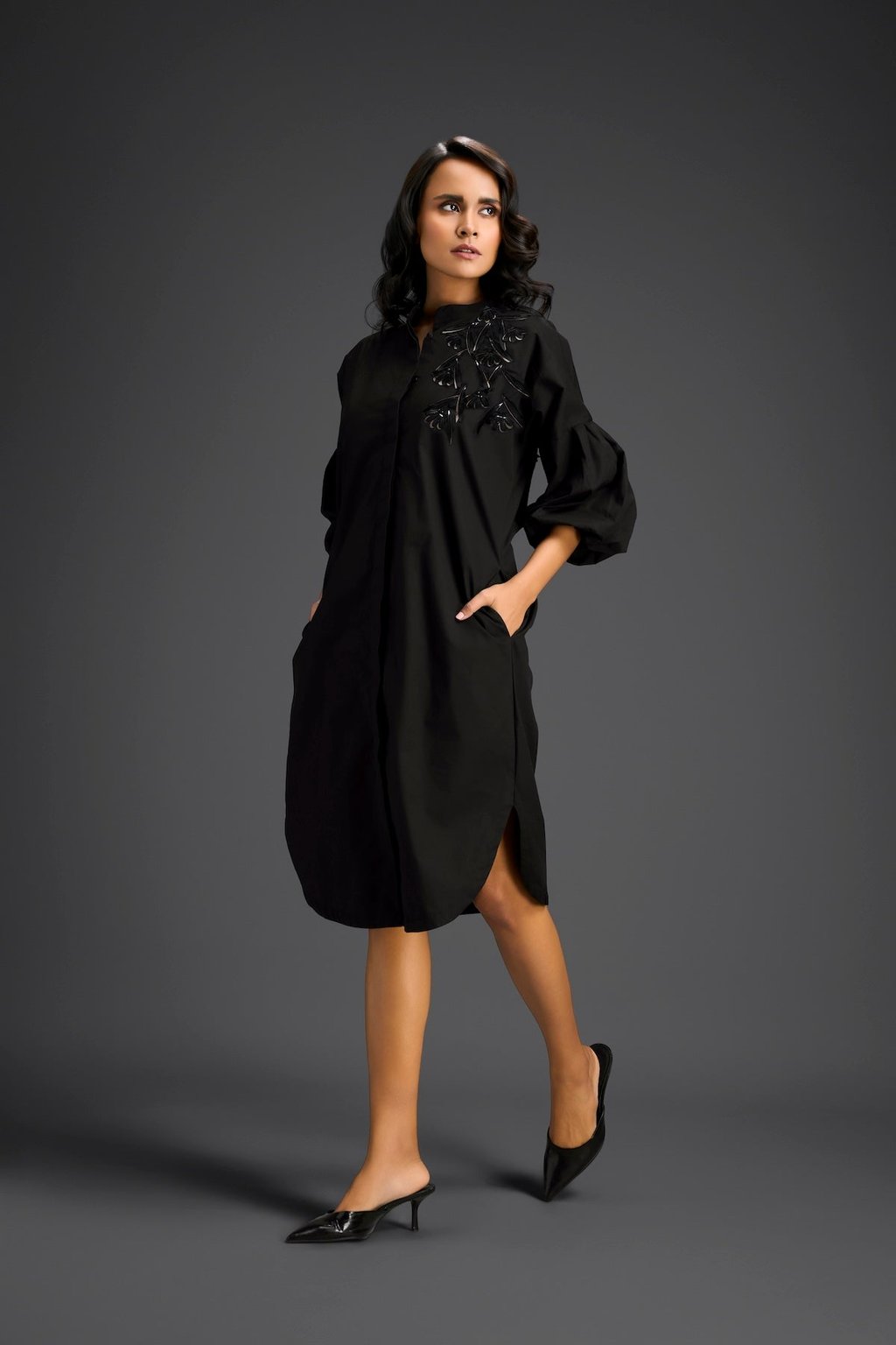 Black Puffed Sleeve Shirt Dress with Sheer Back