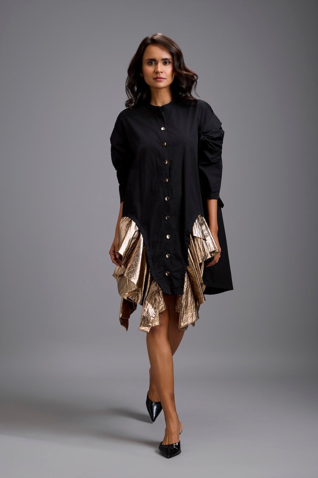 Black Mini Dress with Gold Ruffles