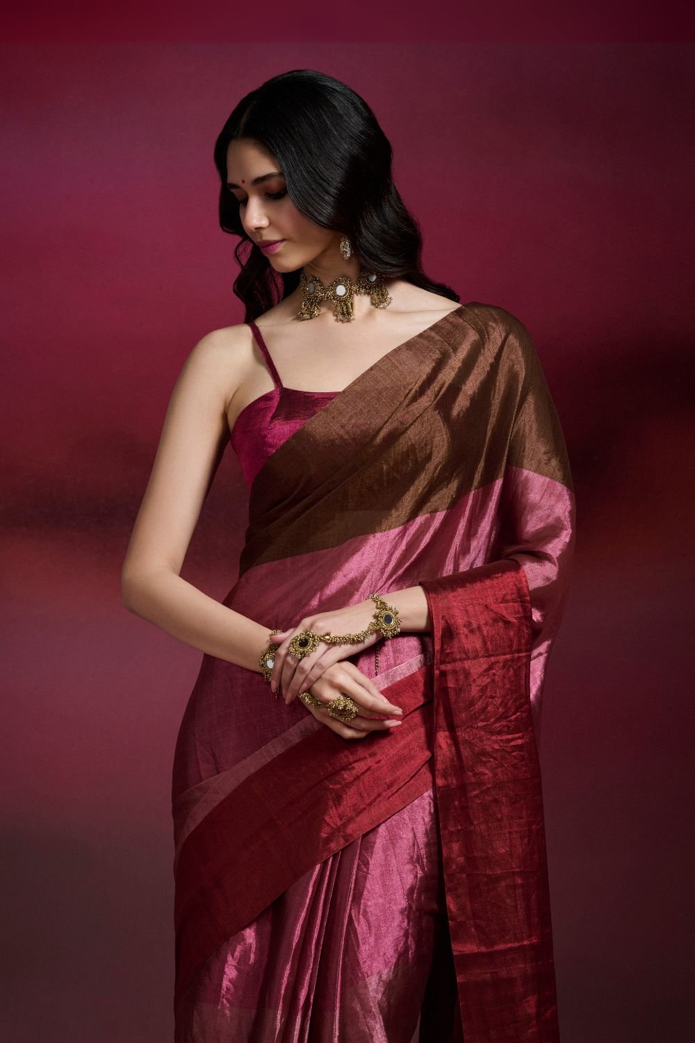 Multicolor Tissue Saree with Colorblock Design