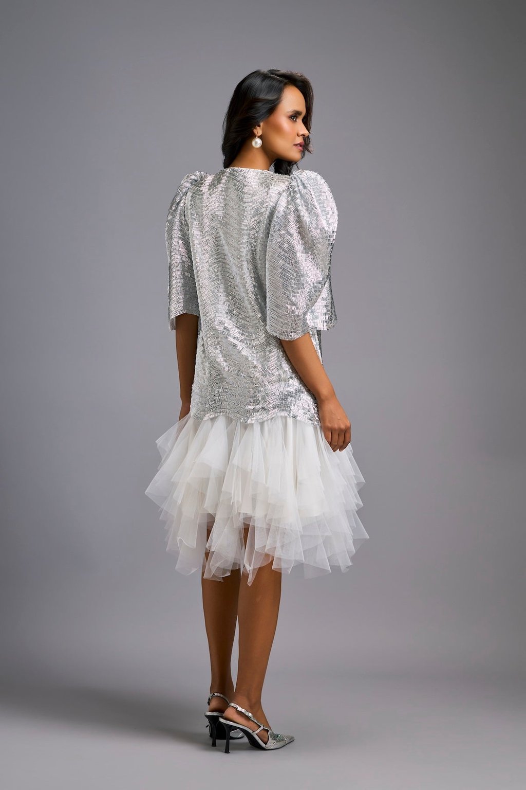 White Shimmer Dress with Puff Sleeves & Tulle Hem