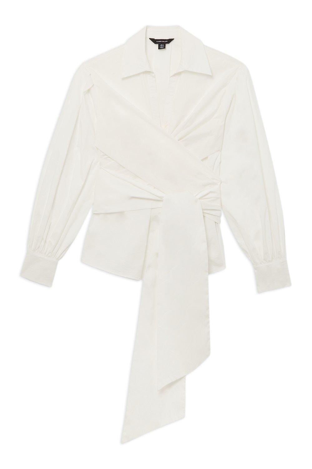Cotton Poplin Drama Sleeve Woven Wrap Detail Blouse